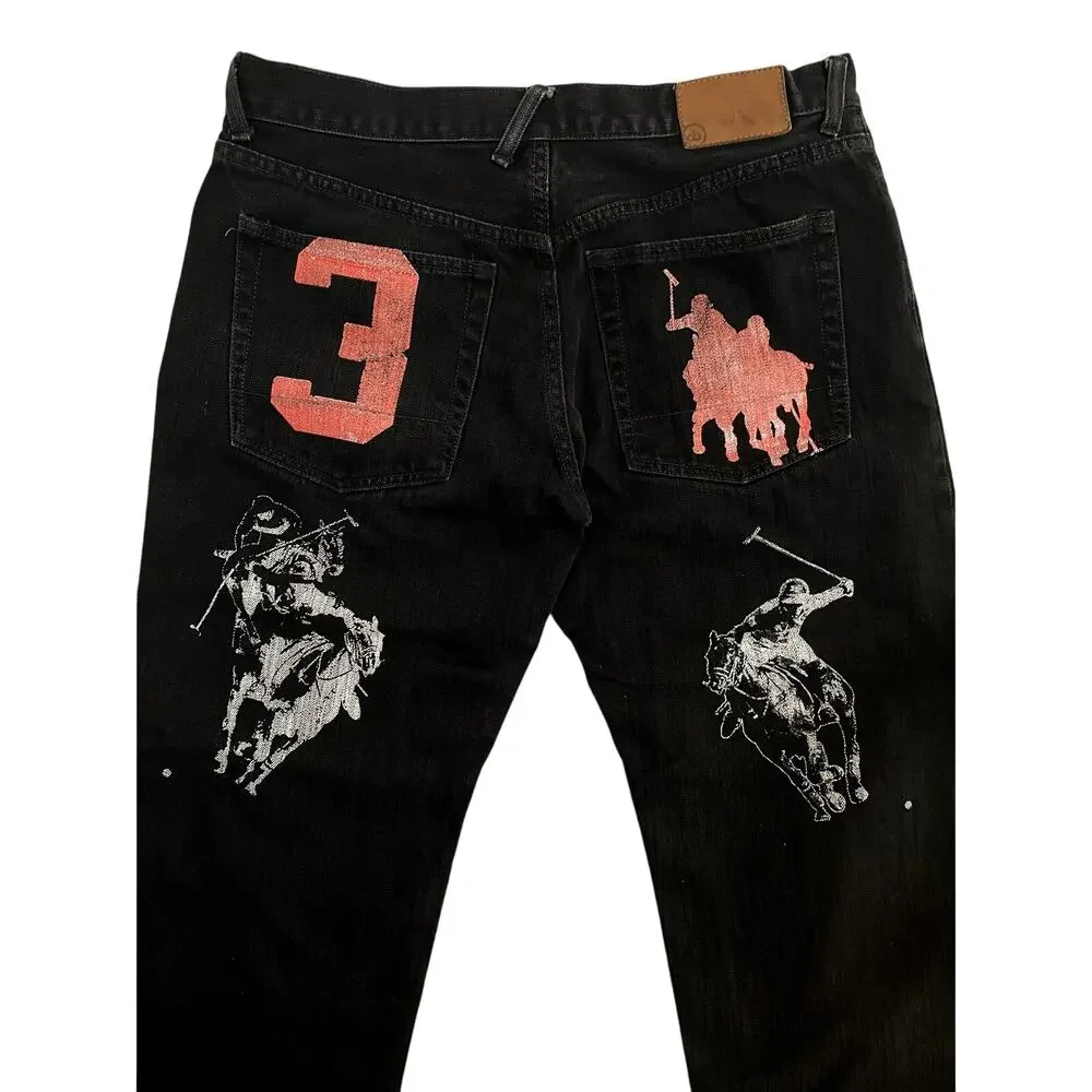 Crown Basics Jeans Mens 36X28 Black Loose Straight Painted‎ Back Y2K Button Fly